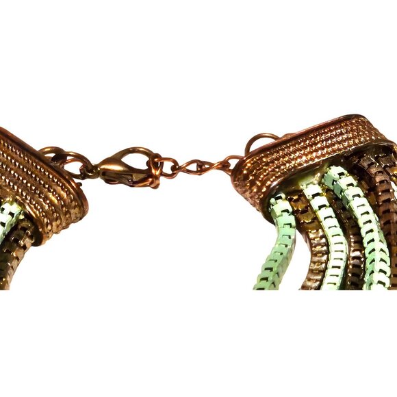 Vintage Necklace Multi-Strand Mint Green & Bronze Metal 3D Rectangular Links - Picture 5 of 11